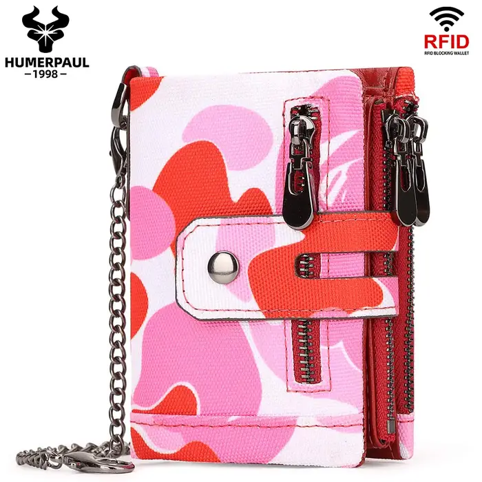 Oxford portefeuille pour hommes RFID bloquant porte-cartes de crédit sac à main avec fermeture éclair porte-monnaie classique motard chaîne courte Portomonee