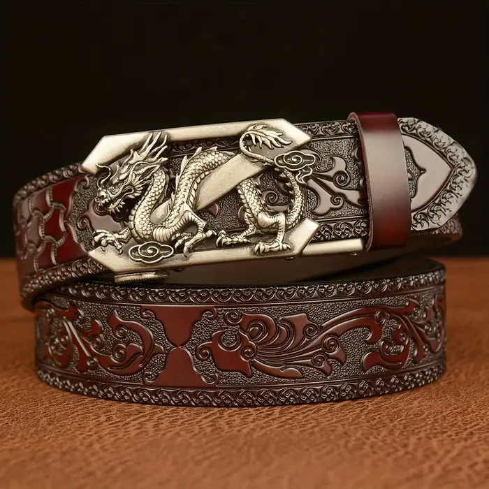 Ceinture à boucle automatique Vintage pour hommes en cuir véritable avec Dragon doré et motif en relief Floral ceinture décontractée noire pour jean