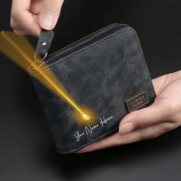 Portefeuille à fermeture éclair pour hommes avec nom gravé personnalisé - Style court avec porte-monnaie porte-carte de