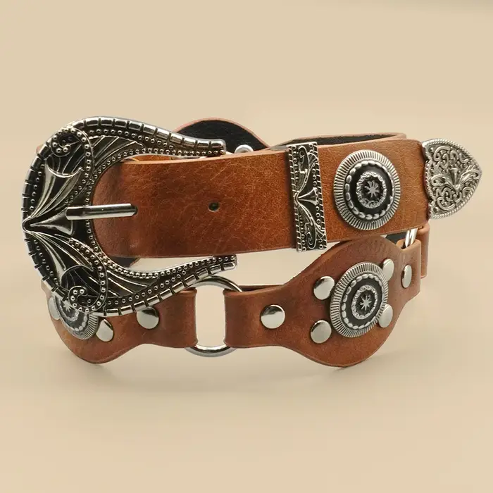 Ceinture femme vintage bohème marron – Design rivets sculptés
