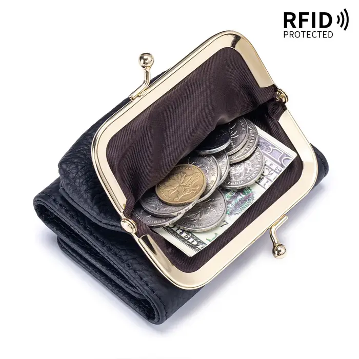 Mini portefeuille court en cuir véritable pour femmes, Design Vintage, blocage RFID, fente multi-cartes, porte-monnaie, sacs à fermoir Kiss Lock