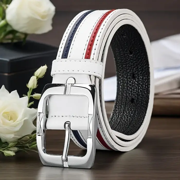 Ceinture pour homme en PU blanc avec design rayé rouge et bleu, boucle coulissante argentée réglable