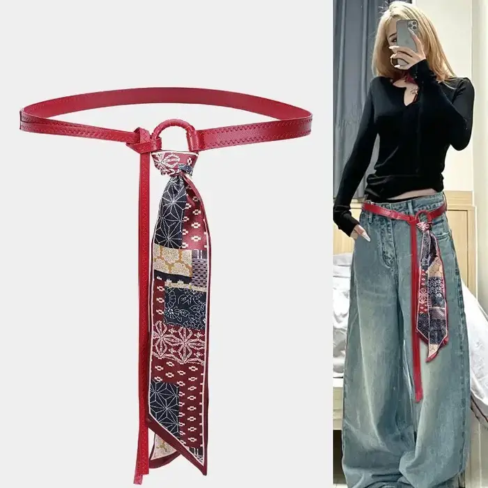 Ceinture de taille pour femmes en cuir PU rétro, style punk et bohème Y2K, avec foulard en soie, tendance, décorative pour jeans et robes