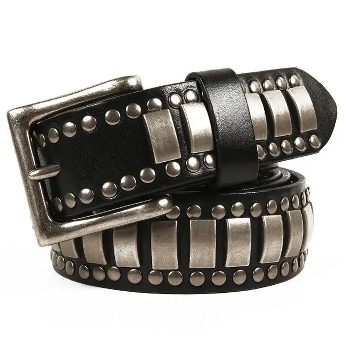 Ceintures Punk Rock à motif géométrique pour hommes, rivets cloutés, première couche de peau de vach