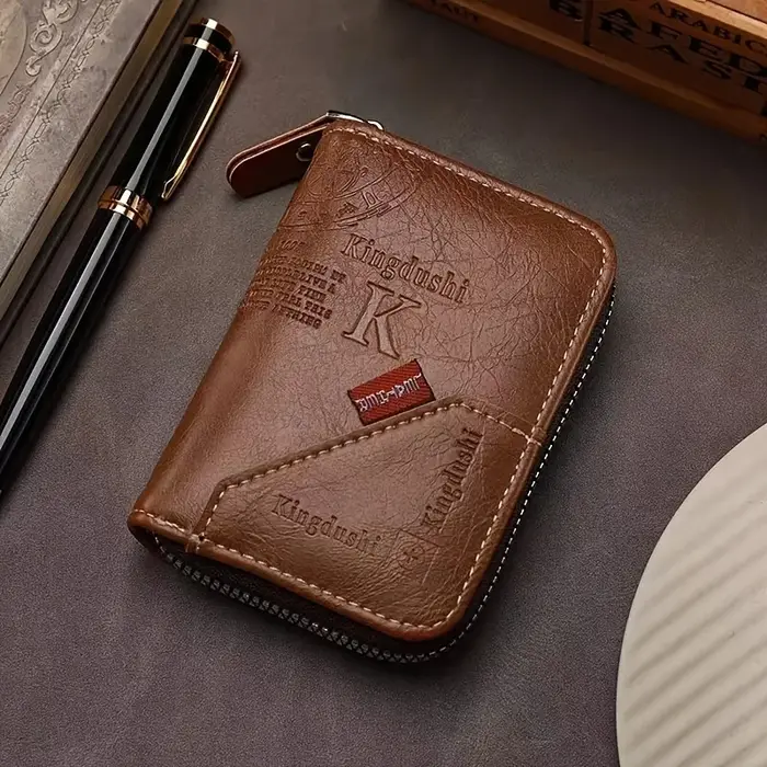 Porte-cartes fin vintage avec blocage RFID - Portefeuille en cuir PU avec fermeture éclair