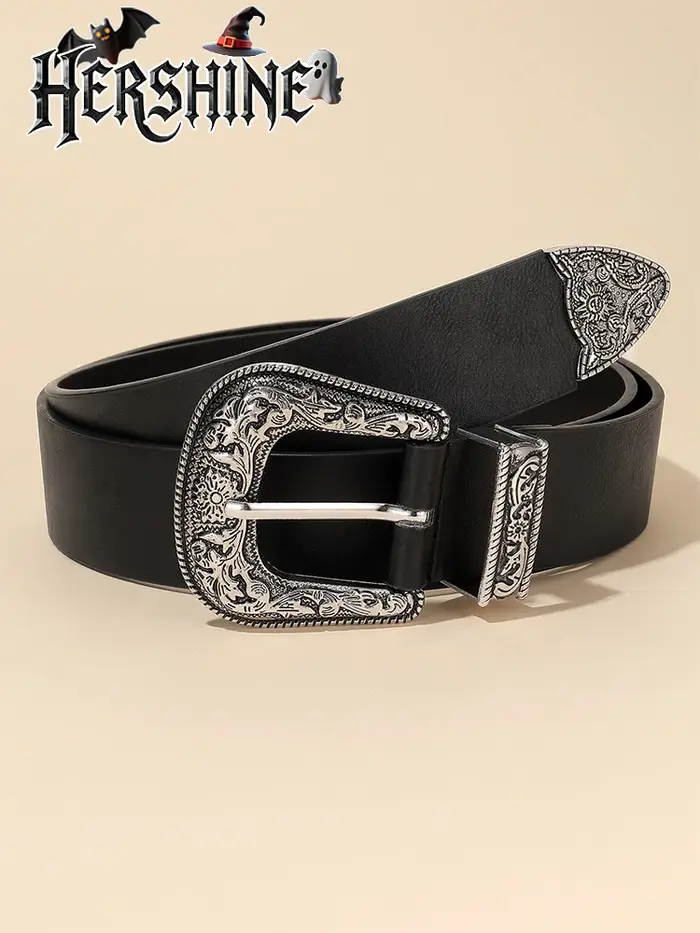 Ceinture en cuir noir à boucle florale argentée vintage pour femme