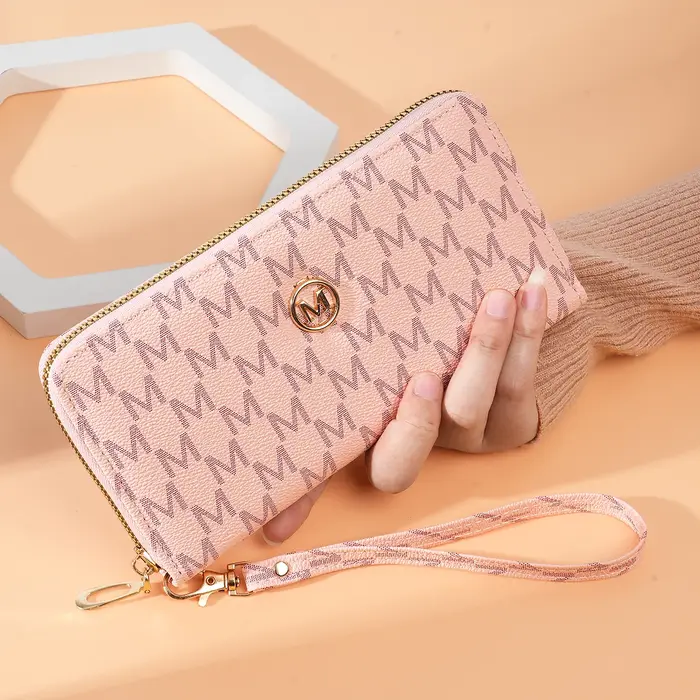 Portefeuille pour femme avec fermeture éclair simple, imprimé floral et lettres, porte-monnaie compa