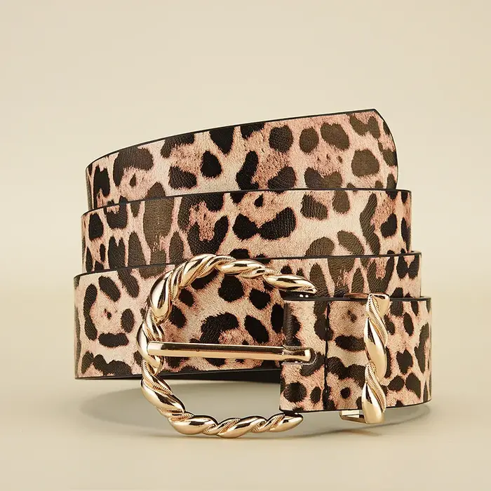 Ceinture en cuir PU à motif léopard rétro pour femmes avec boucle en alliage doré