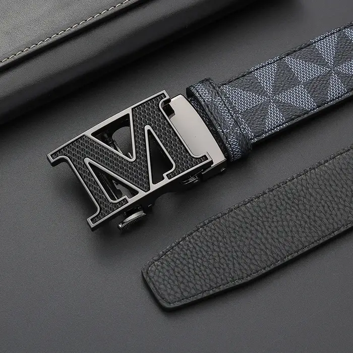Ceinture de luxe pour homme avec boucle automatique lettre M, motif géométrique à carreaux, en cuir, pour affaires et décontracté