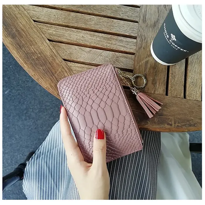 Portefeuille court en cuir motif serpent pour femmes, nom personnalisé, Ultra fin, Simple, fermeture éclair, petit porte-monnaie, sac avec pompon