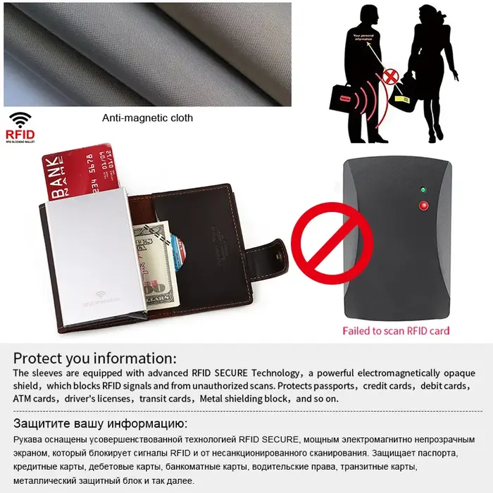 HUMERPAUL peau de vache hommes d'affaires en aluminium porte-carte d'identité RFID mince portefeuille en métal fermeture éclair porte-monnaie automatique Pop Up portefeuilles intelligents