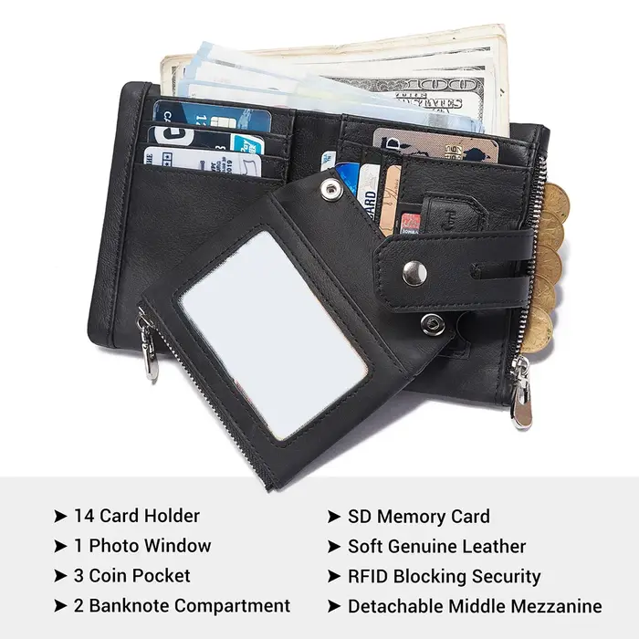 KAVIS portefeuille en cuir véritable pour hommes RFID porte-carte de crédit sac à main court Double fermeture éclair poche à monnaie mâle à deux volets Billeteras