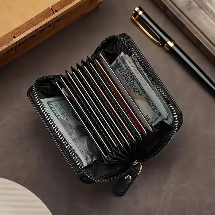 Porte-cartes fin vintage avec blocage RFID - Portefeuille en cuir PU avec fermeture éclair