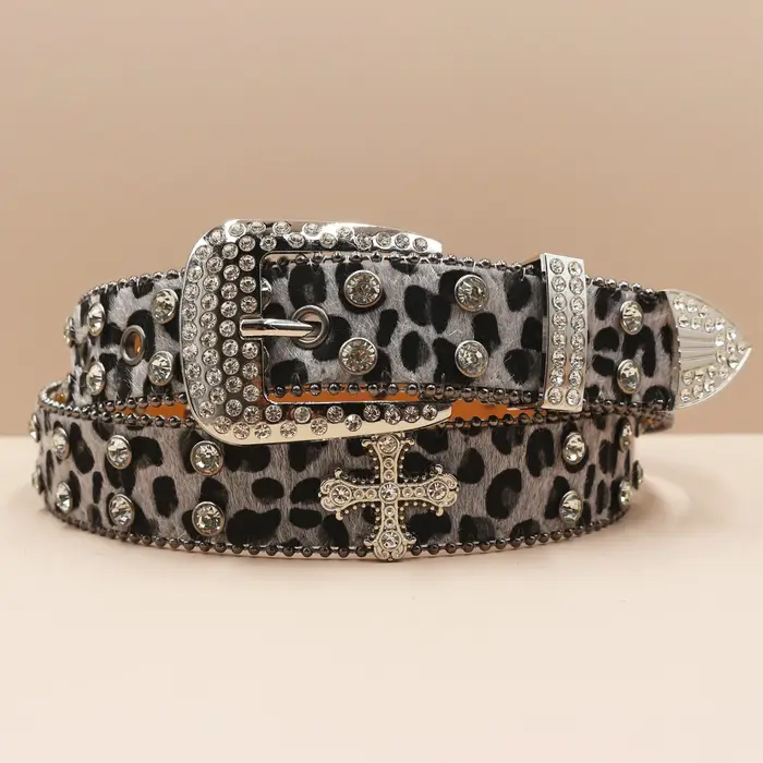 Ceinture en cuir à imprimé léopard et strass pour hommes et femmes