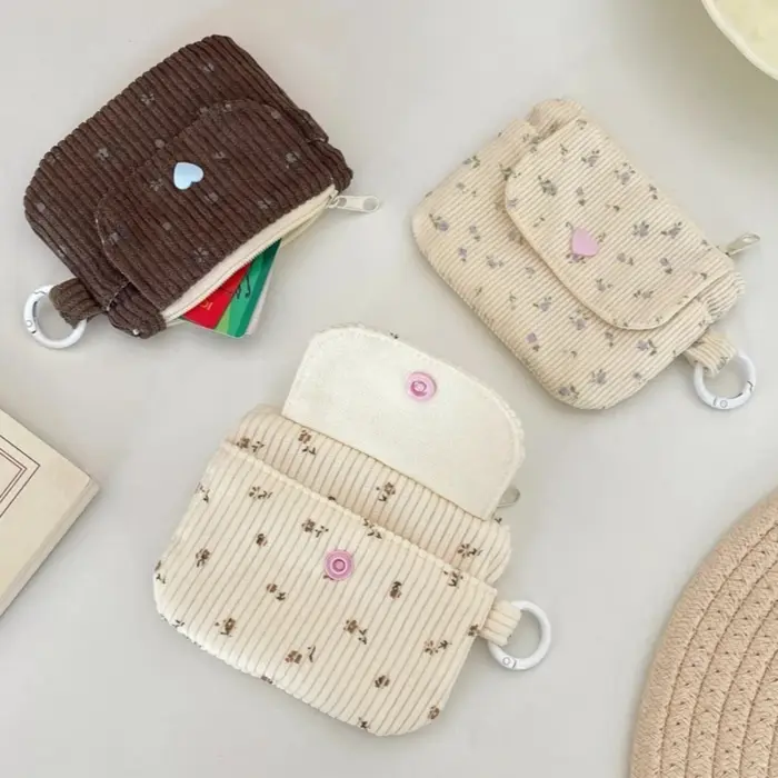 Porte-monnaie en velours côtelé imprimé avec fermeture éclair et porte-clés, petit portefeuille mignon pour enfants, porte-cartes de crédit avec fermeture éclair, porte-carte d'identité, sac à cartes