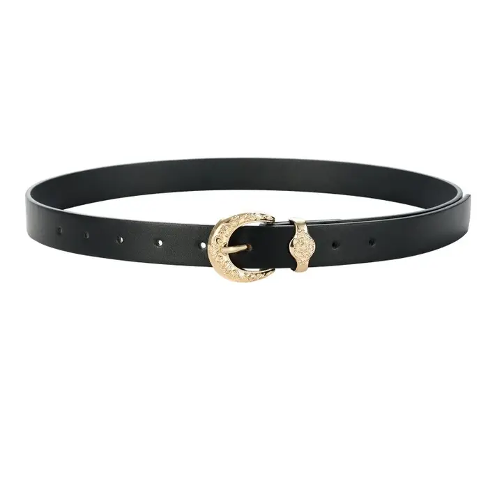Ceinture pour femme haut de gamme à la mode avec boucle dorée gravée, ceinture en cuir minimaliste, 