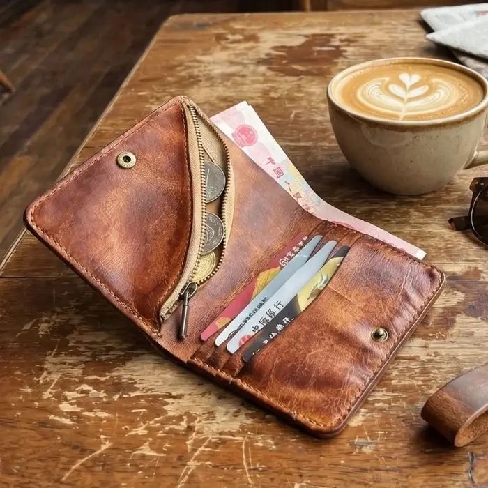 Portefeuille vintage en cuir tanné végétal - Portefeuilles à fermeture à bouton-pression avec poche à monnaie zippée