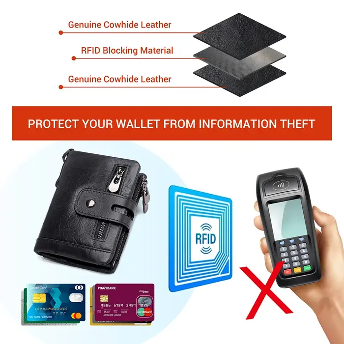 KAVIS portefeuille en cuir véritable pour hommes RFID porte-carte de crédit sac à main court Double fermeture éclair poche à monnaie mâle à deux volets Billeteras