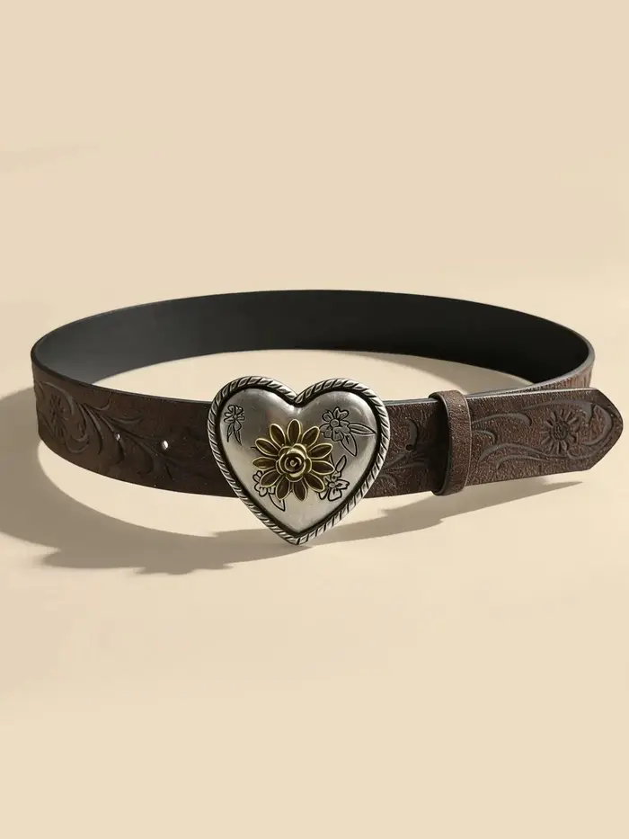 Ceinture à boucle en métal en forme de cœur et de fleur pour femmes, ceinture rétro en relief marron