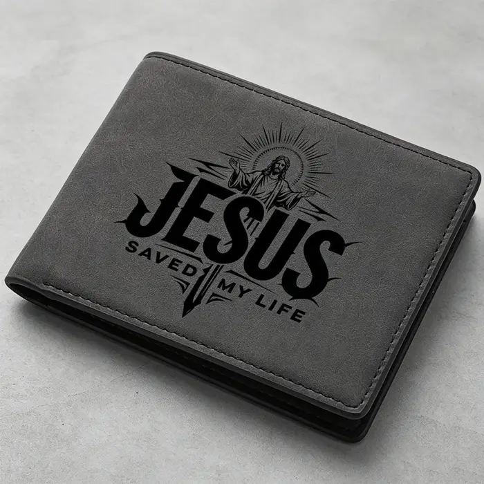 Portefeuille Bifold Vintage en Cuir PU pour Homme avec Imprimé Croix « Jésus m'a sauvé la vie »