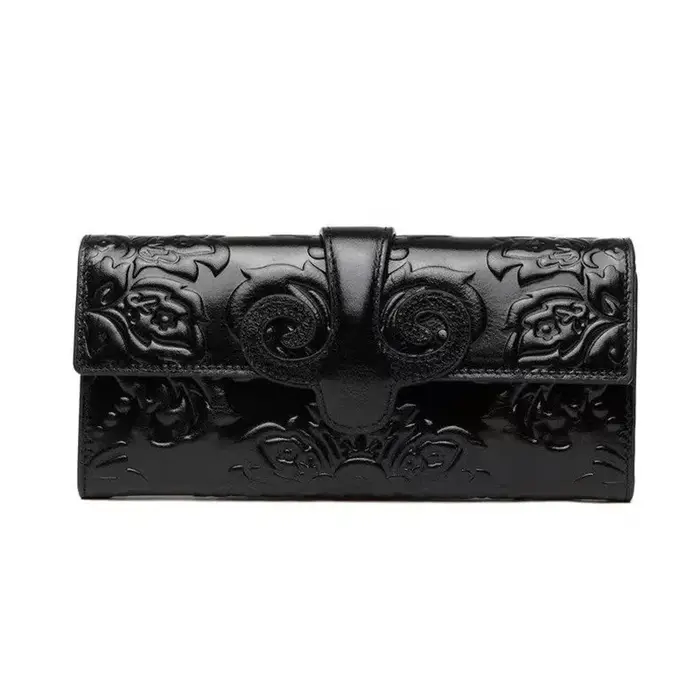 Portefeuille floral en cuir véritable pour femme, pochette longue pour femme, grand sac à main vinta