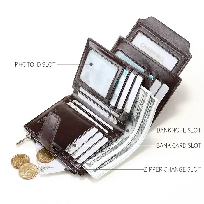 Portefeuille court pour homme CHANPINCL en cuir de vachette italien véritable de première qualité – 16 emplacements