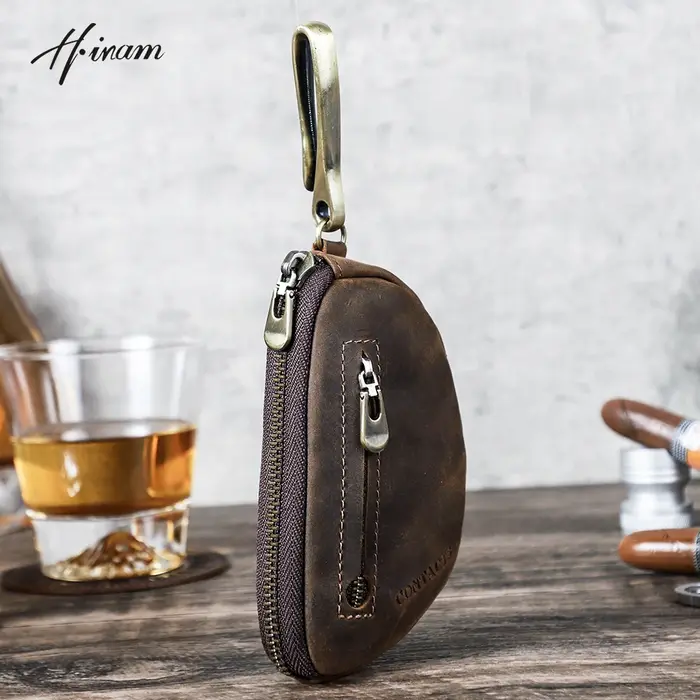 Porte-clés rétro en cuir véritable avec étui AirTag anti-perte, porte-clés zippé pour homme, organisateur de clés pour homme