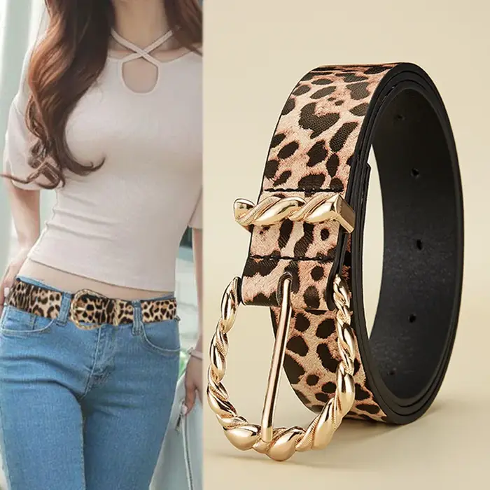 Ceinture en cuir PU à motif léopard rétro pour femmes avec boucle en alliage doré