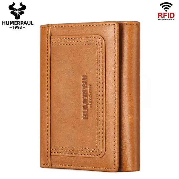 HUMERPAUL-Portefeuille court à trois volets pour homme, cuir véritable, poche à monnaie zippée, port