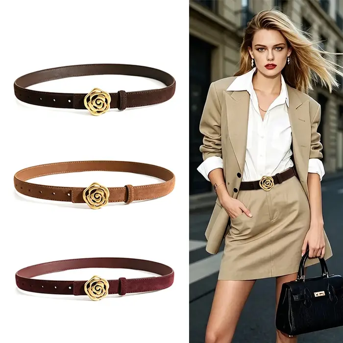 Ceinture en cuir suédé pour femme, style vintage, boucle fleur rose dorée, avec emballage cadeau, pour robe ou jean