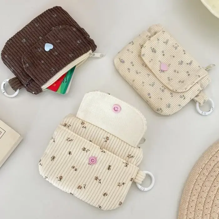 Sac à cartes imprimé en velours côtelé, porte-monnaie à fermeture éclair avec porte-clés, mignon pour enfants, petit portefeuille à fermeture éclair, porte-carte de crédit, sac d'identité