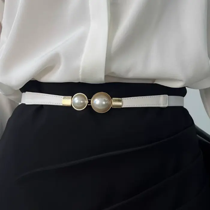 Ceinture fine et élégante pour femme, ceinture décorative pour robe, double boucle en perles, ceintu