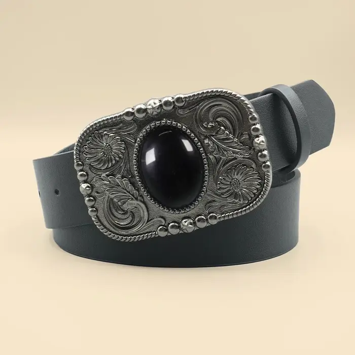 Ceinture rétro noire incrustée de Turquoise pour femmes