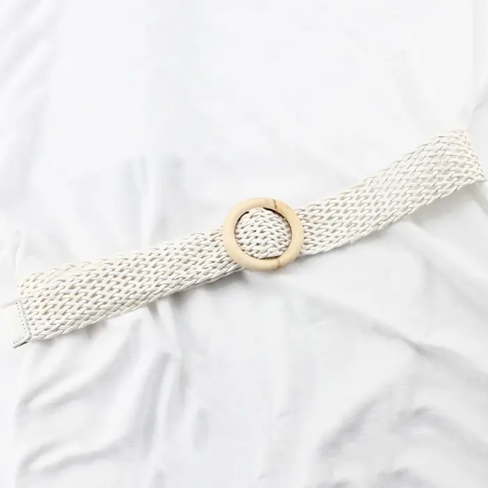 Ceinture de taille tressée noir café femme ceinture Vintage Boho ronde en bois boucle lisse fausse p