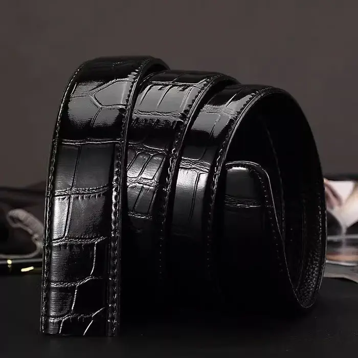 Ceintures à boucle automatique motif Crocodile pour hommes, en cuir véritable, à la mode, pour affaires, en cuir de vache pur