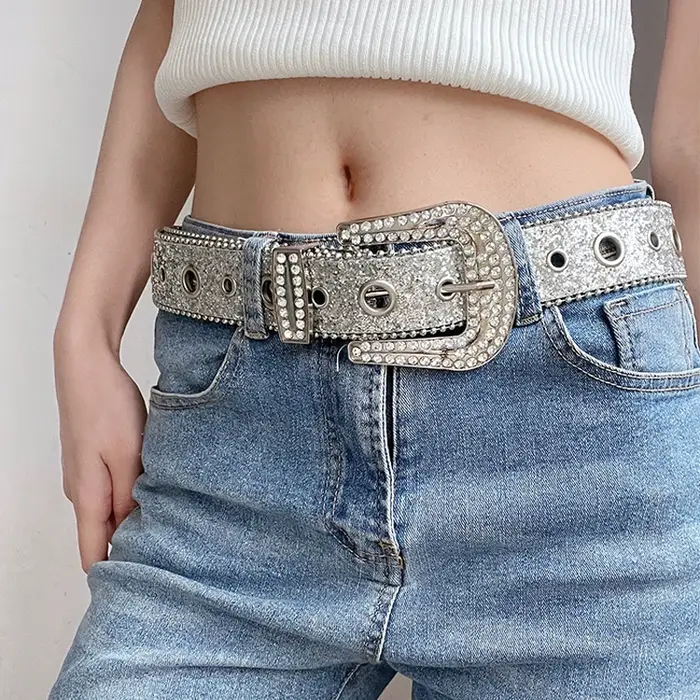 Ceinture gothique noire argentée avec boucle en métal et strass, design de luxe quatre saisons Y2K pour femmes et hommes, grande taille