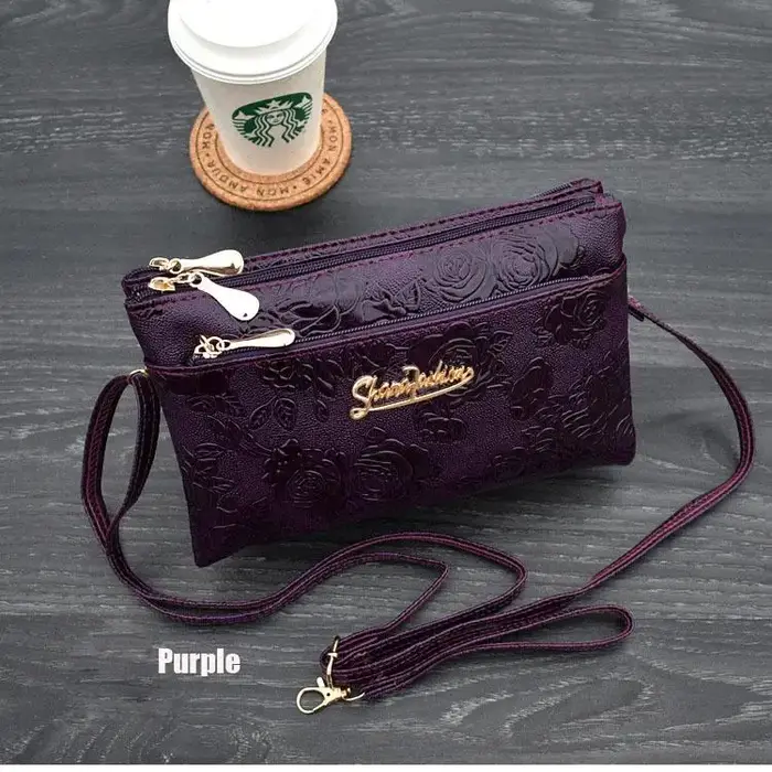Portefeuille femme quatre fermeture éclair longue pochette 3D moletage rétro en cuir sac à main sac 