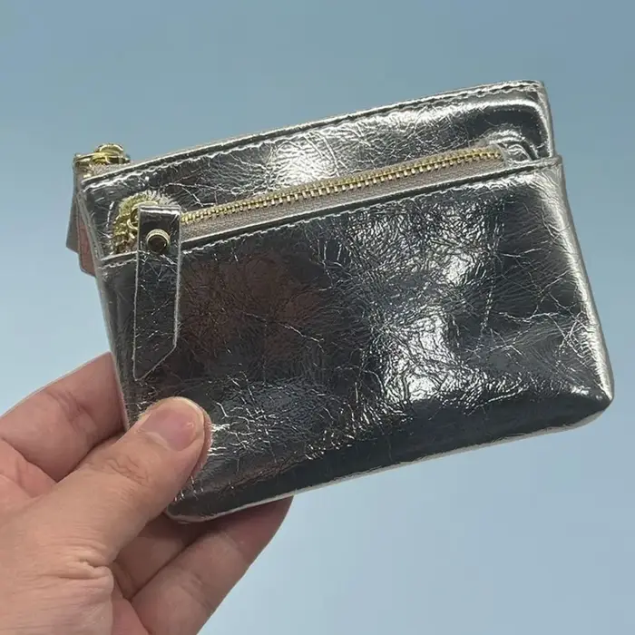 Porte-monnaie en cuir portable à double fermeture éclair