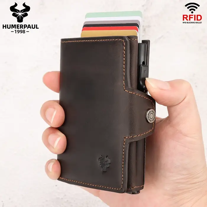 HUMERPAUL hommes porte-carte avec poche d'argent Crazy Horse cuir Pop Up minimaliste portefeuille RFID blocage mince métal carte bancaire étui