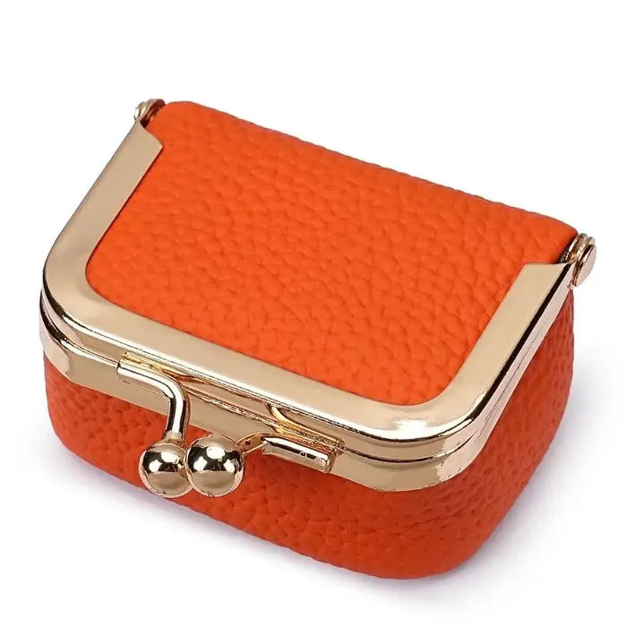 Portefeuille en cuir véritable avec serrure à baiser, porte-monnaie carré de couleur unie, sac à bij