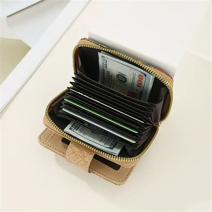 ISKYBOB Vintage imprimé liège court portefeuille pour hommes femmes Grain de bois multi-fonctionnel porte-carte Portable fermeture éclair porte-monnaie