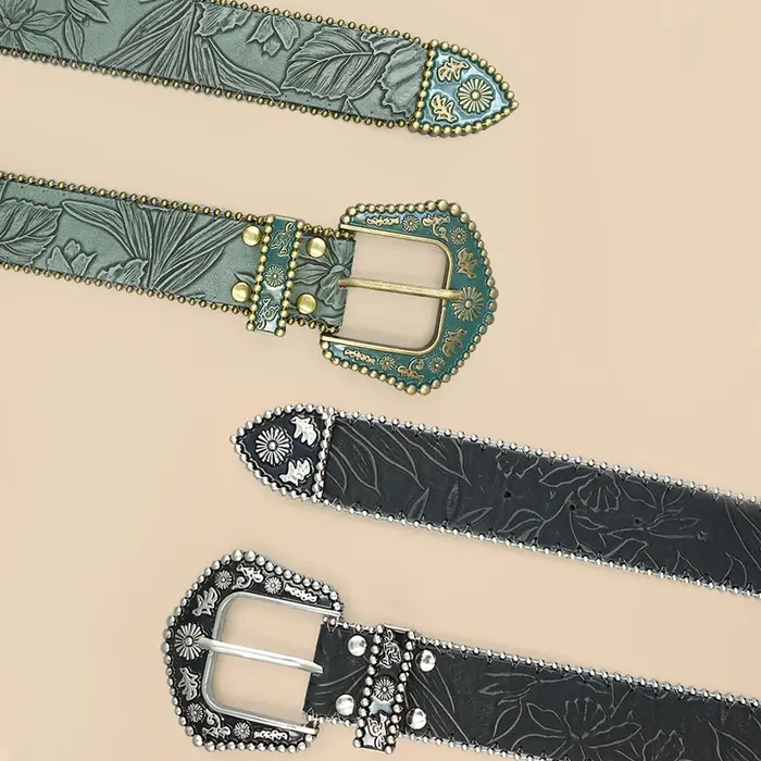 Ceinture bohème pour femme avec accents de perles métalliques – Boucle sculptée vintage et détail de chaîne gravée en feuilles pour une élégance décontractée