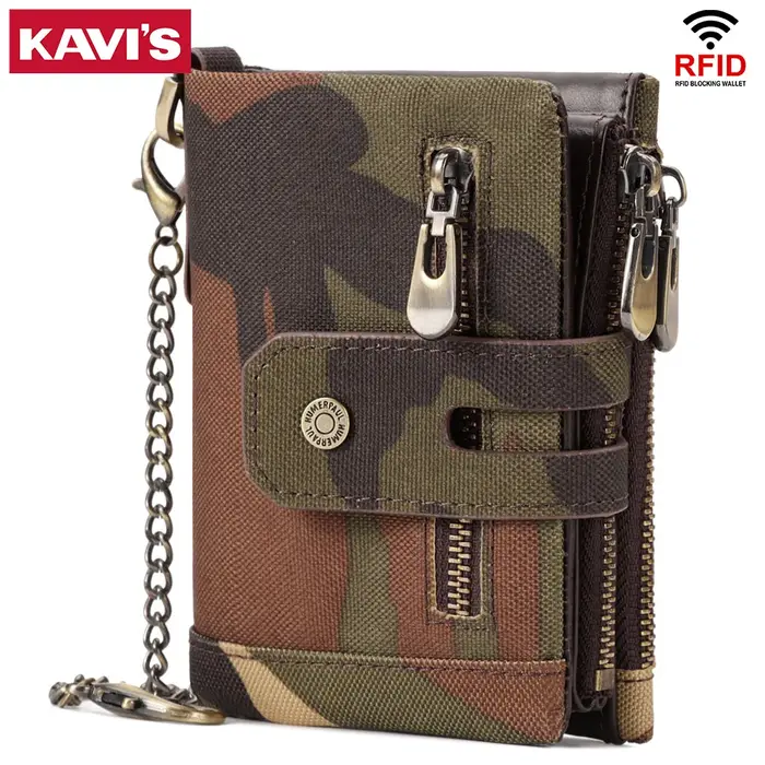 KAVIS portefeuille en cuir de vachette véritable avec poche pour pièces de monnaie pour hommes porte-carte d'argent court Double fermeture éclair mâle à deux volets RFID