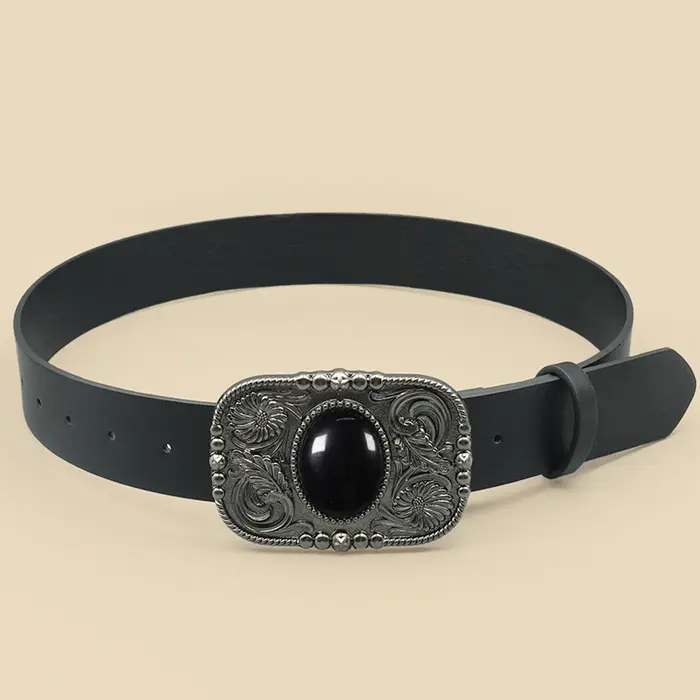 Ceinture rétro noire incrustée de Turquoise pour femmes