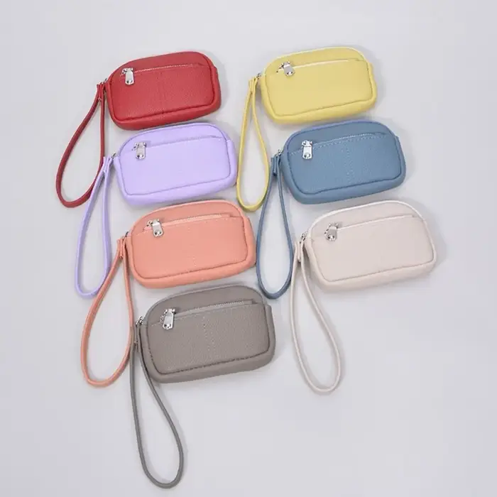 Mini portefeuille Portable en cuir PU pour femmes, sac de rangement de couleur unie, porte-monnaie pour étudiants, fermeture éclair, grande capacité, sac pour clés de poignet, à la mode