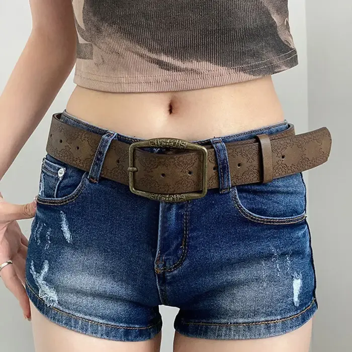 Ceinture en cuir gaufré floral marron rétro pour femme