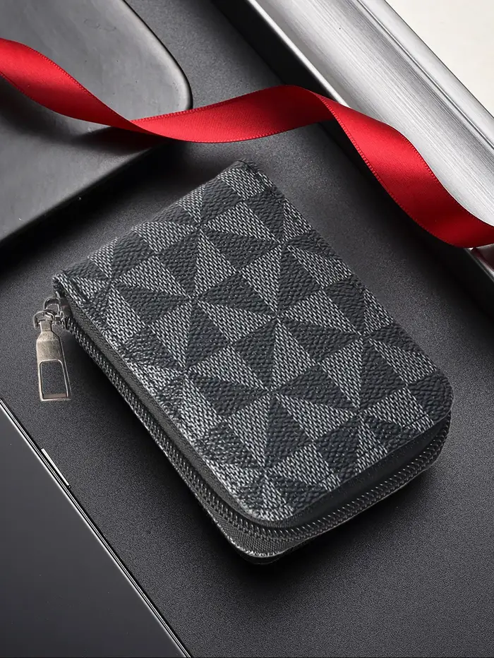 Porte-cartes en PU pour homme - Motif géométrique élégant, fermeture à glissière et plusieurs emplac