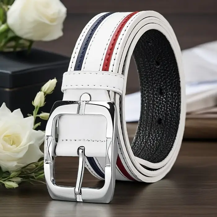 Ceinture pour homme en PU blanc avec design rayé rouge et bleu