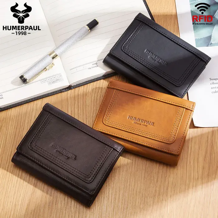 Portefeuille court à trois volets en cuir véritable pour hommes