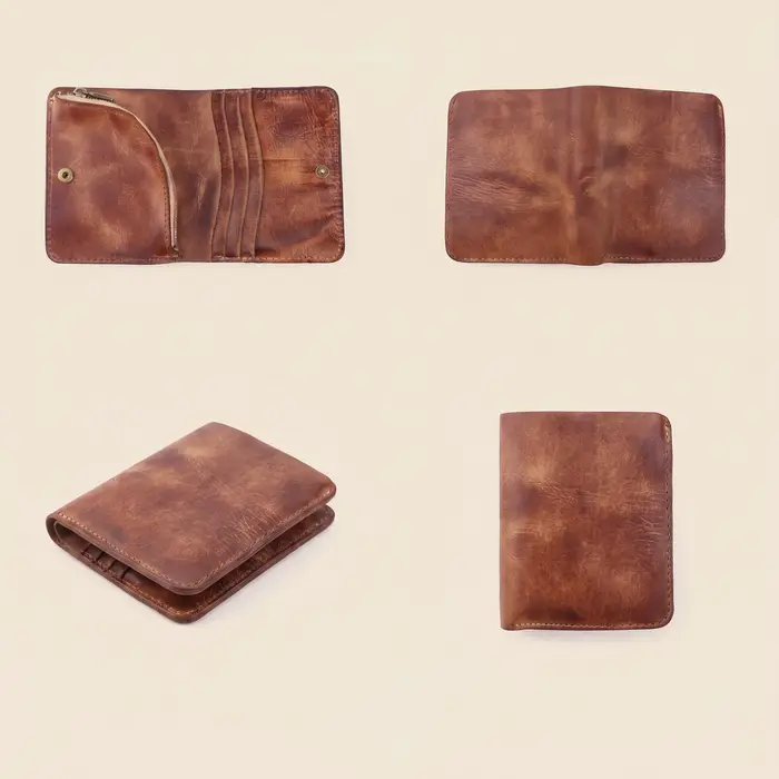 Portefeuille vintage en cuir tanné végétal - Portefeuilles à fermeture à bouton-pression avec poche à monnaie zippée